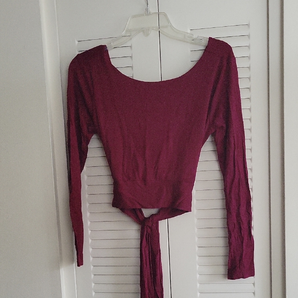 Windsor Long Sleeve Tie-Front Crop Top in Berry Plum
